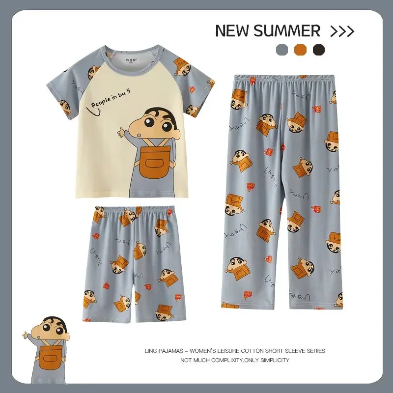 Girls Children's Summer Sleepwear Thin Short Sleeve Long Pants Home Clothes Cartoon Design Kids' Pyjamas Set Lightweight