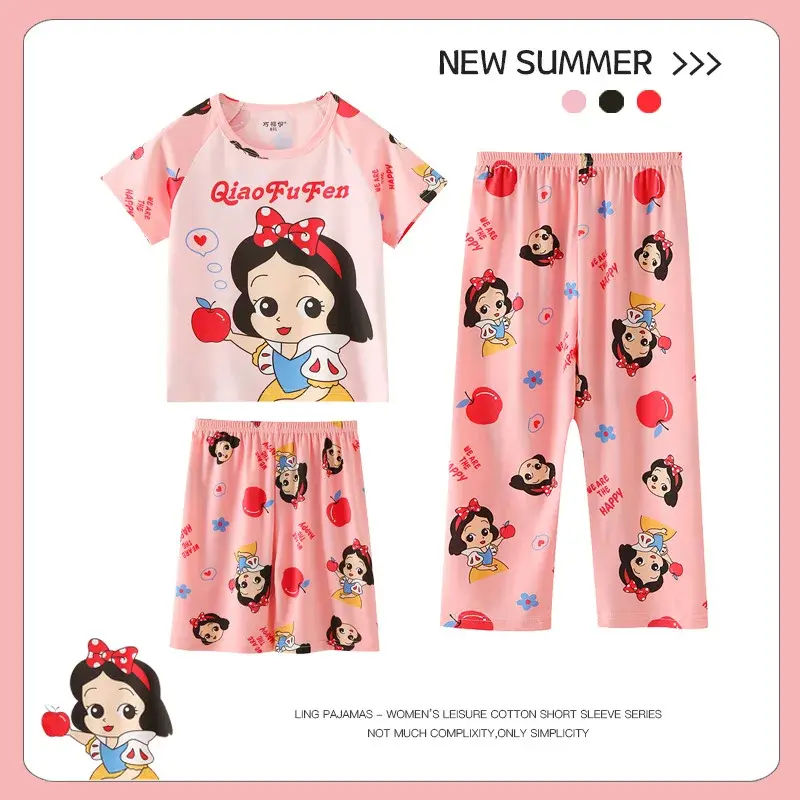 Girls Children's Summer Sleepwear Thin Short Sleeve Long Pants Home Clothes Cartoon Design Kids' Pyjamas Set Lightweight