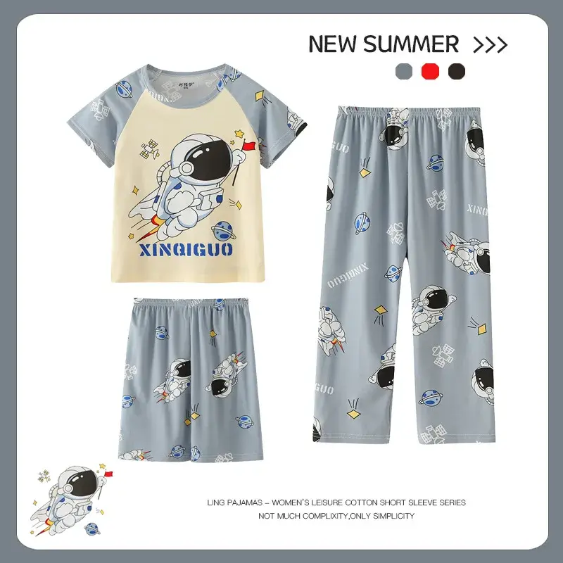 Girls Children's Summer Sleepwear Thin Short Sleeve Long Pants Home Clothes Cartoon Design Kids' Pyjamas Set Lightweight