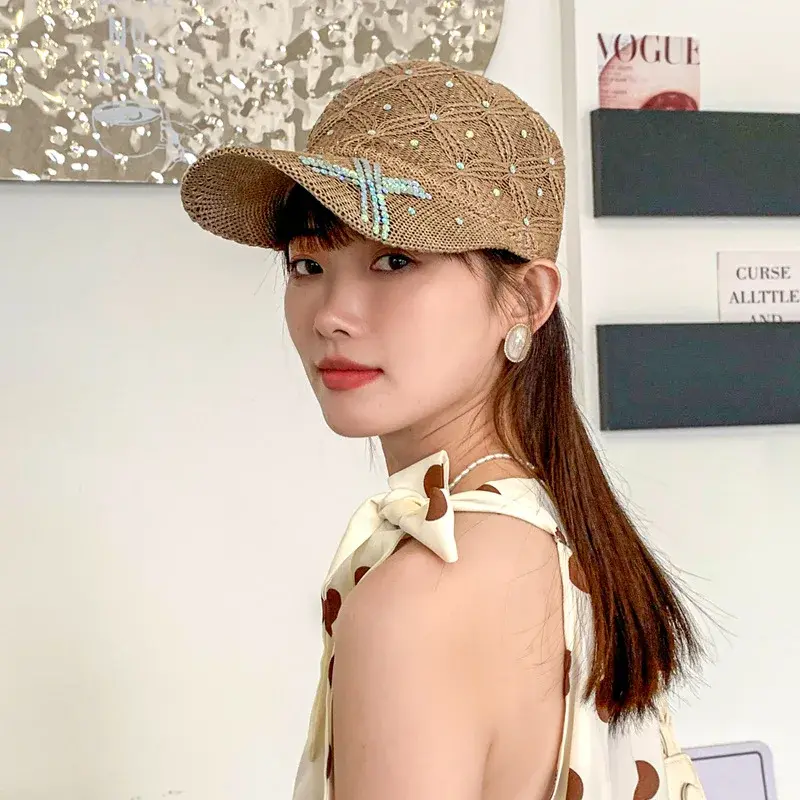 Handmade Rhinestone Women's Baseball Cap Spring Summer Outdoor Breathable Sun Protection Pearl Water Diamond Duckbill Hat Face S