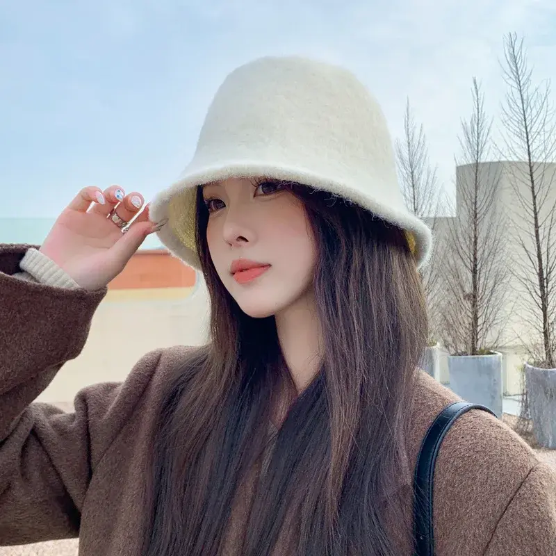2024 Korean Style Autumn/Winter New Women's Solid Color Versatile Wool Fishing Cap Winter Internet Celebrity Face Revealing Smal