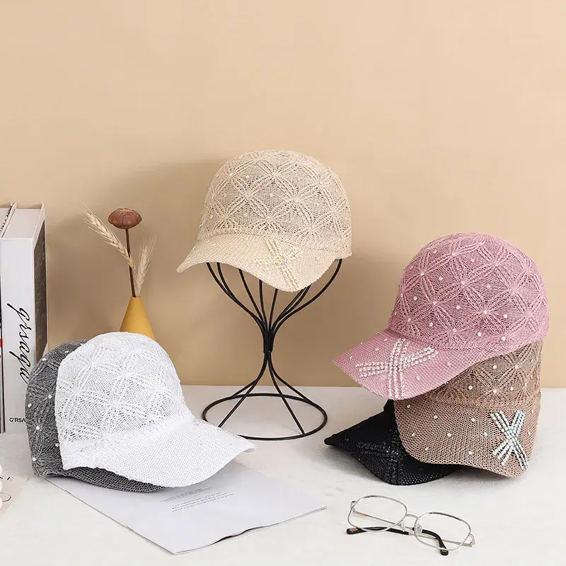 Handmade Rhinestone Women's Baseball Cap Spring Summer Outdoor Breathable Sun Protection Pearl Water Diamond Duckbill Hat Face S