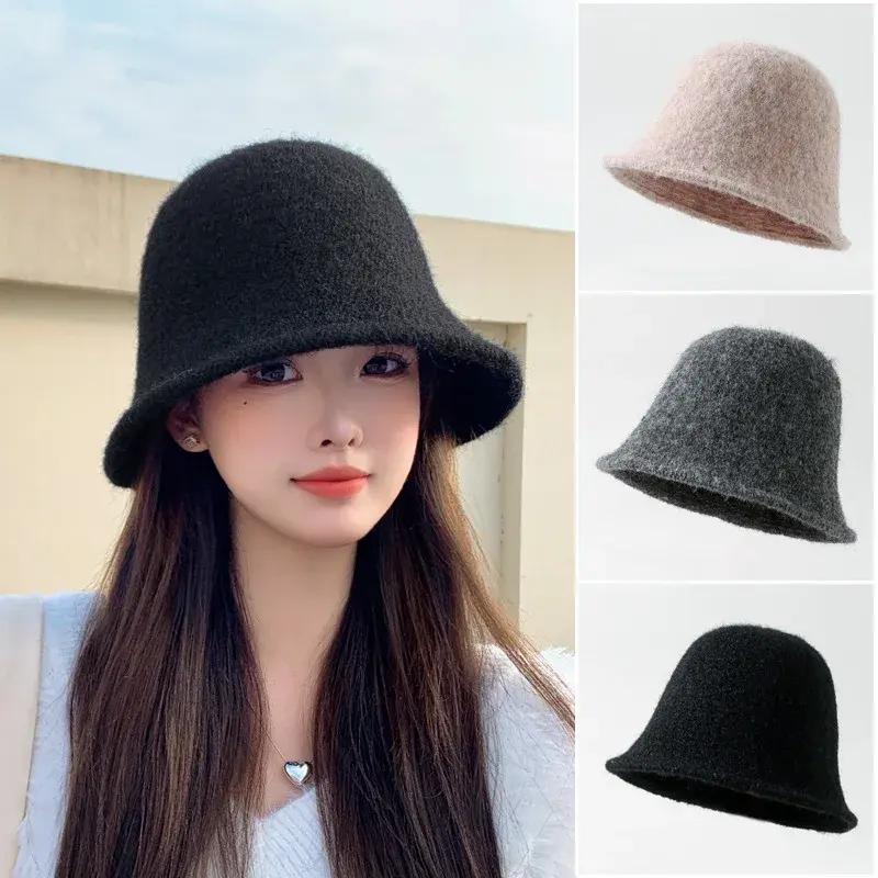 2024 Korean Style Autumn/Winter New Women's Solid Color Versatile Wool Fishing Cap Winter Internet Celebrity Face Revealing Smal