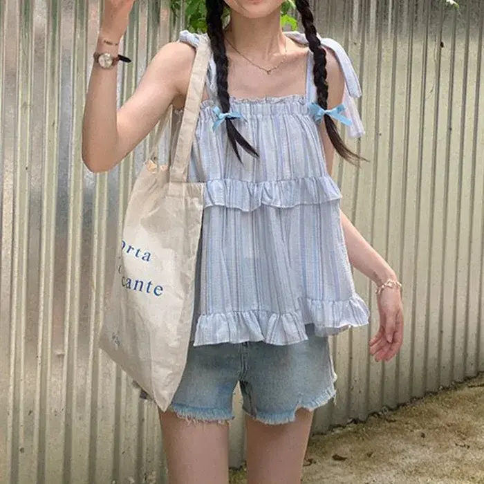 Sweet Fresh Striped Tie-Back Tube Top Vest Women Summer Outdoor Loose Age-Defying Sleeveless Doll Shirt Upper Apparel