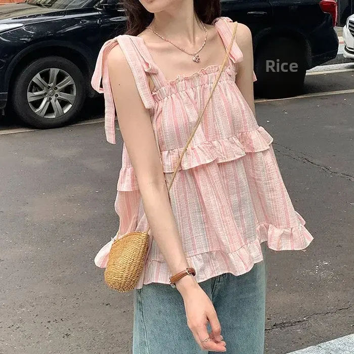 Sweet Fresh Striped Tie-Back Tube Top Vest Women Summer Outdoor Loose Age-Defying Sleeveless Doll Shirt Upper Apparel