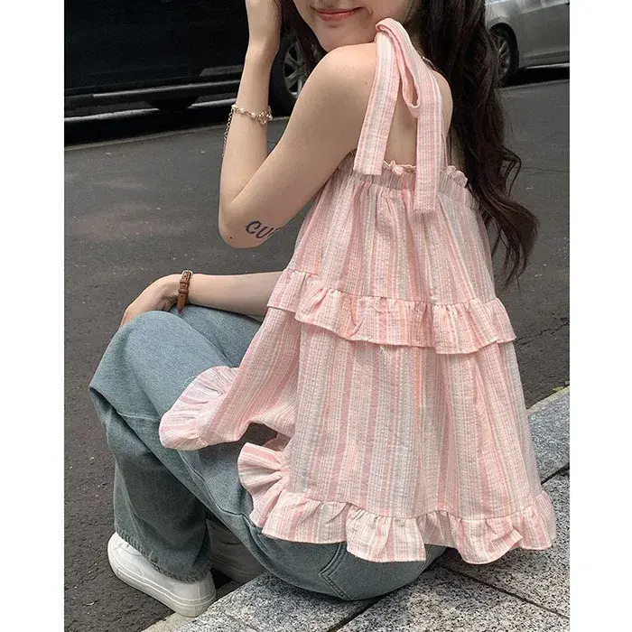 Sweet Fresh Striped Tie-Back Tube Top Vest Women Summer Outdoor Loose Age-Defying Sleeveless Doll Shirt Upper Apparel