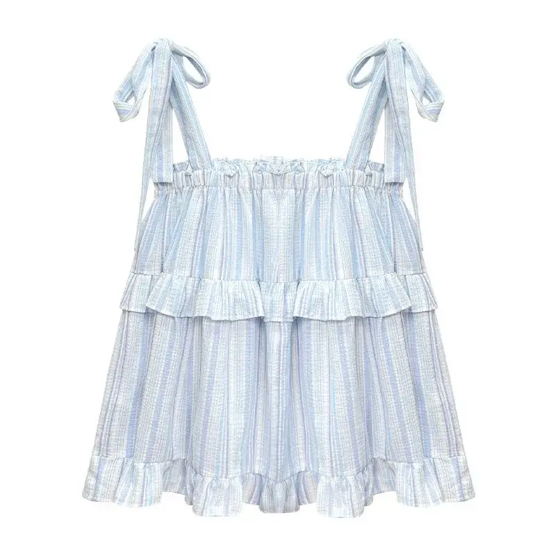 Sweet Fresh Striped Tie-Back Tube Top Vest Women Summer Outdoor Loose Age-Defying Sleeveless Doll Shirt Upper Apparel