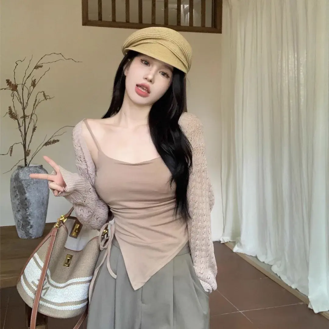 Pure Desire French Style Irregular Side Slittank Women's Summer Strap Design Sensibility Outer Wear Sweet Spicy Top Women's