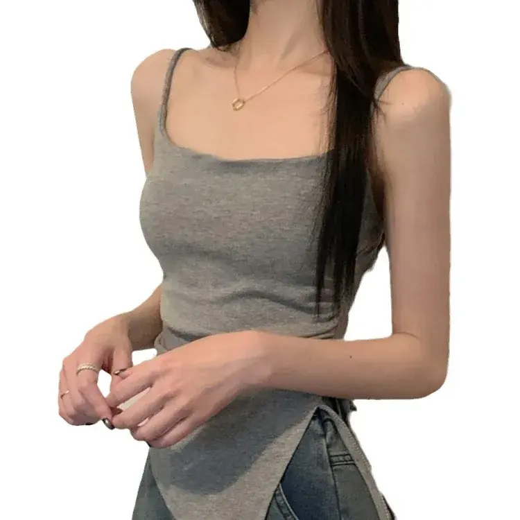 Pure Desire French Style Irregular Side Slittank Women's Summer Strap Design Sensibility Outer Wear Sweet Spicy Top Women's