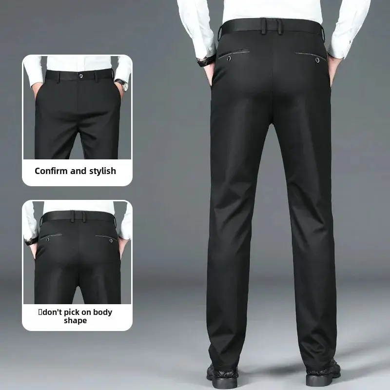 Elastic Four-Sided Men's Casual Long Pants Black Straight-Leg Business Suit Pants Lightweight For Daily Wear