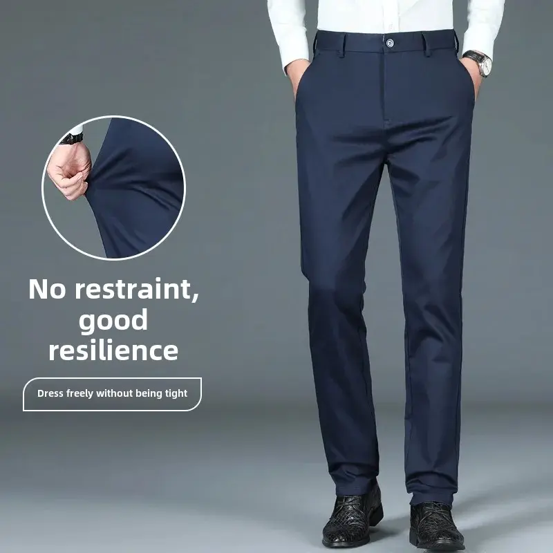 Elastic Four-Sided Men's Casual Long Pants Black Straight-Leg Business Suit Pants Lightweight For Daily Wear