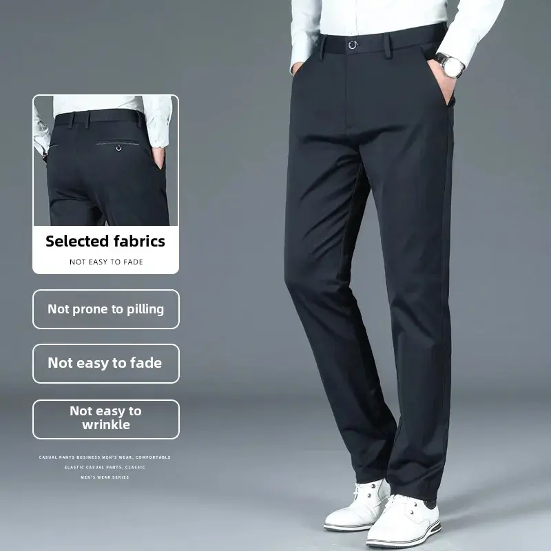 Elastic Four-Sided Men's Casual Long Pants Black Straight-Leg Business Suit Pants Lightweight For Daily Wear