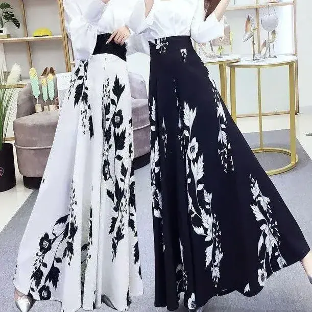New 2023 Women's Summer Fashionable Wide Leg Pants Slimming Print High Waist Draping Long Skirt Pants Korean Style Elegant
