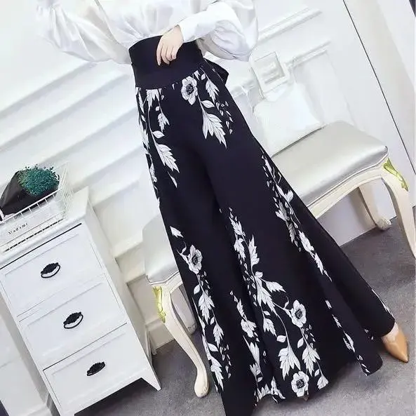 New 2023 Women's Summer Fashionable Wide Leg Pants Slimming Print High Waist Draping Long Skirt Pants Korean Style Elegant