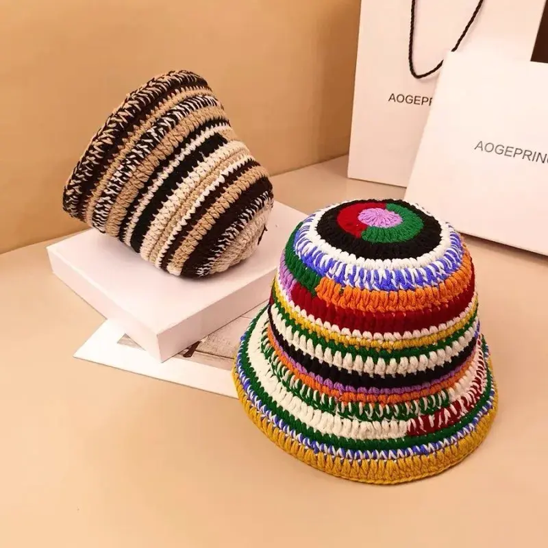 Handmade Rainbow Striped Colorful Knitted Hat Fashionable Vintage Style Autumn Winter New Arrival from China Lace Net Cap