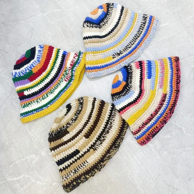 Handmade Rainbow Striped Colorful Knitted Hat Fashionable Vintage Style Autumn Winter New Arrival from China Lace Net Cap