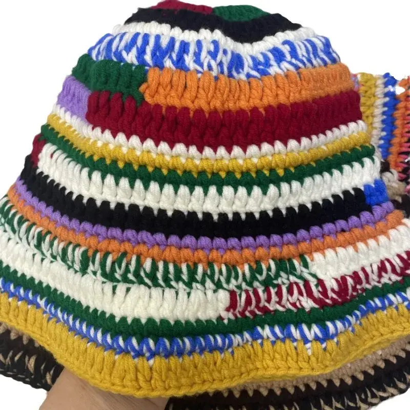Handmade Rainbow Striped Colorful Knitted Hat Fashionable Vintage Style Autumn Winter New Arrival from China Lace Net Cap