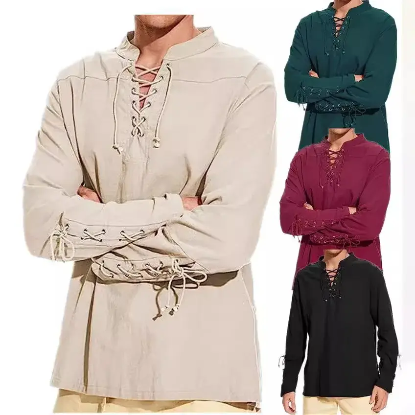 2024 New Men's Amazon Cotton Linen Shirt Long Sleeve Casual Beach Stand Collar Shirt European Style