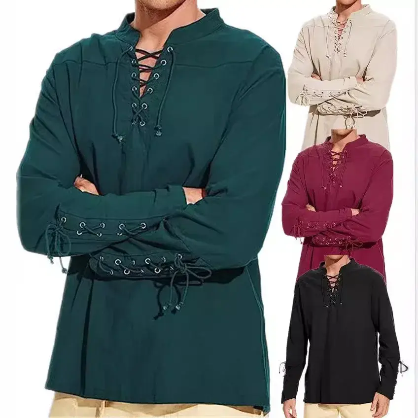 2024 New Men's Amazon Cotton Linen Shirt Long Sleeve Casual Beach Stand Collar Shirt European Style