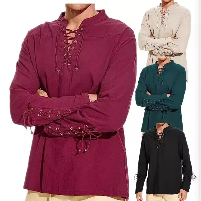 2024 New Men's Amazon Cotton Linen Shirt Long Sleeve Casual Beach Stand Collar Shirt European Style