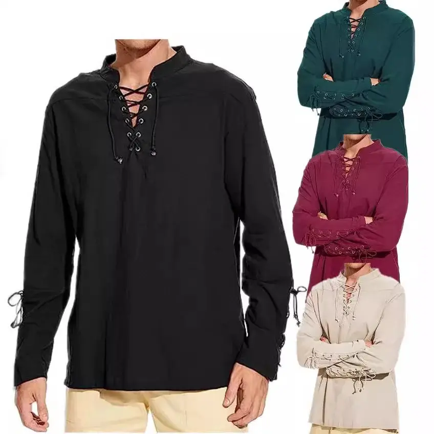 2024 New Men's Amazon Cotton Linen Shirt Long Sleeve Casual Beach Stand Collar Shirt European Style