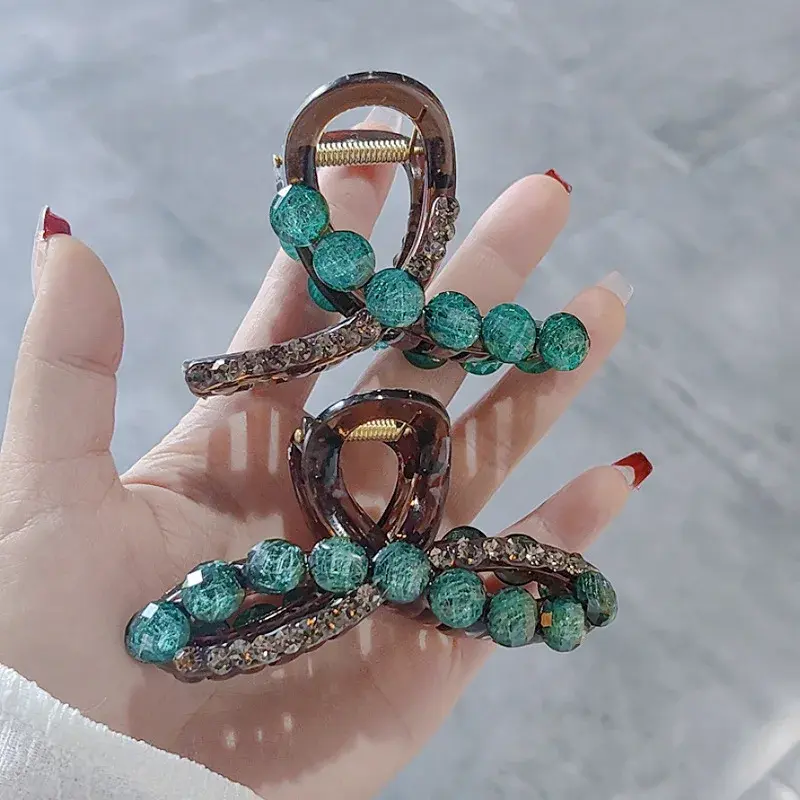 Versatile Green Bead Hair Clip Elegant Luxury Shark Clamp Half Updo Hair Accessory for Professional Salon Partition