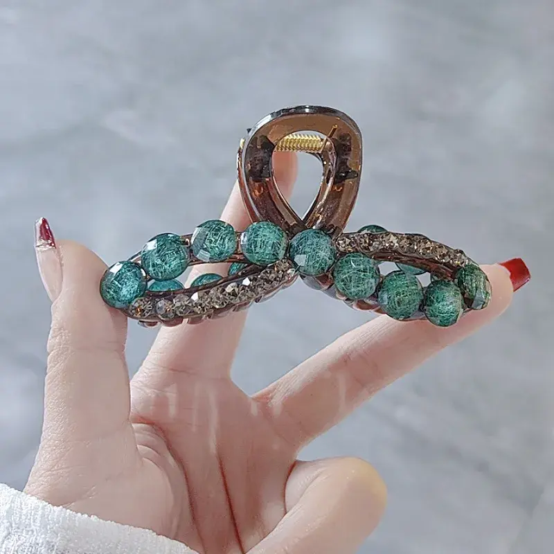 Versatile Green Bead Hair Clip Elegant Luxury Shark Clamp Half Updo Hair Accessory for Professional Salon Partition