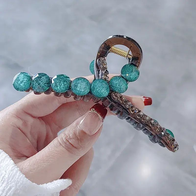 Versatile Green Bead Hair Clip Elegant Luxury Shark Clamp Half Updo Hair Accessory for Professional Salon Partition