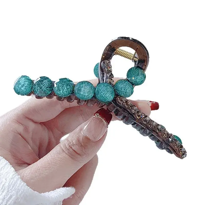 Versatile Green Bead Hair Clip Elegant Luxury Shark Clamp Half Updo Hair Accessory for Professional Salon Partition