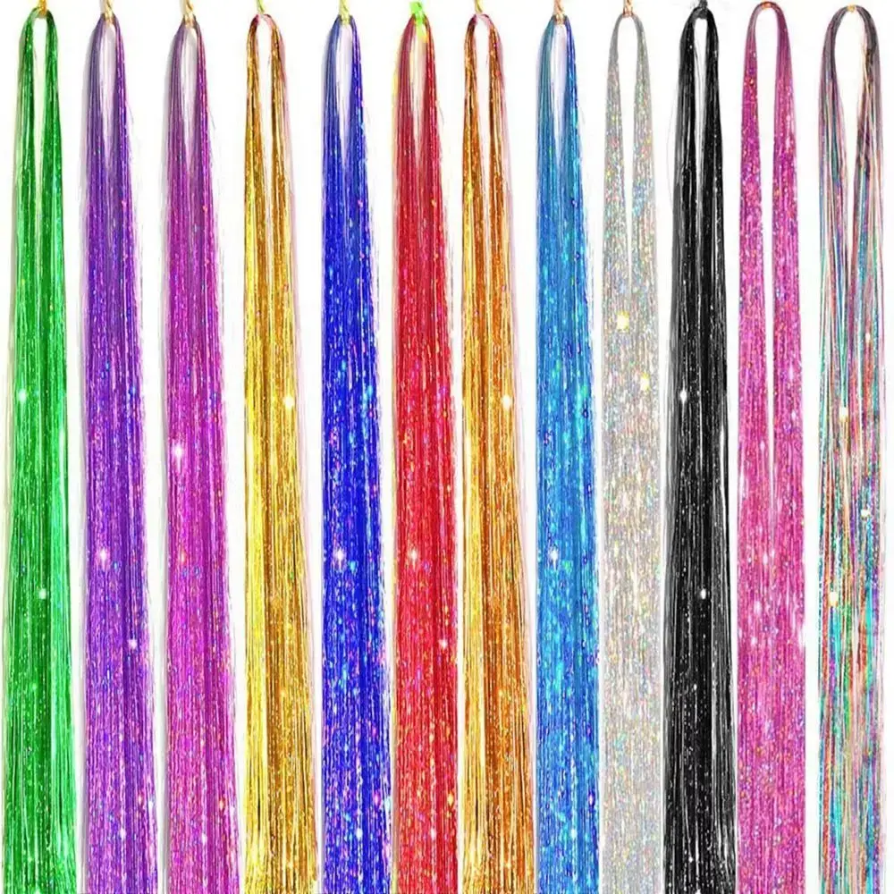 Rental Tinselhair Laser Gold Thread Shiny Metal Wire Rainbow Color Seamless Hair Extensions Asian Synthetic Clip Hair