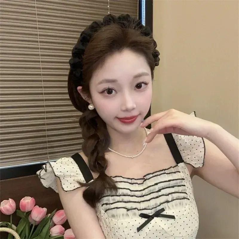 Anti-Slip Lace Hairband Fluffy Tulle Face Washable Bowed Design Hair Accessories Professional Salon Partition Fixed Hair Clips