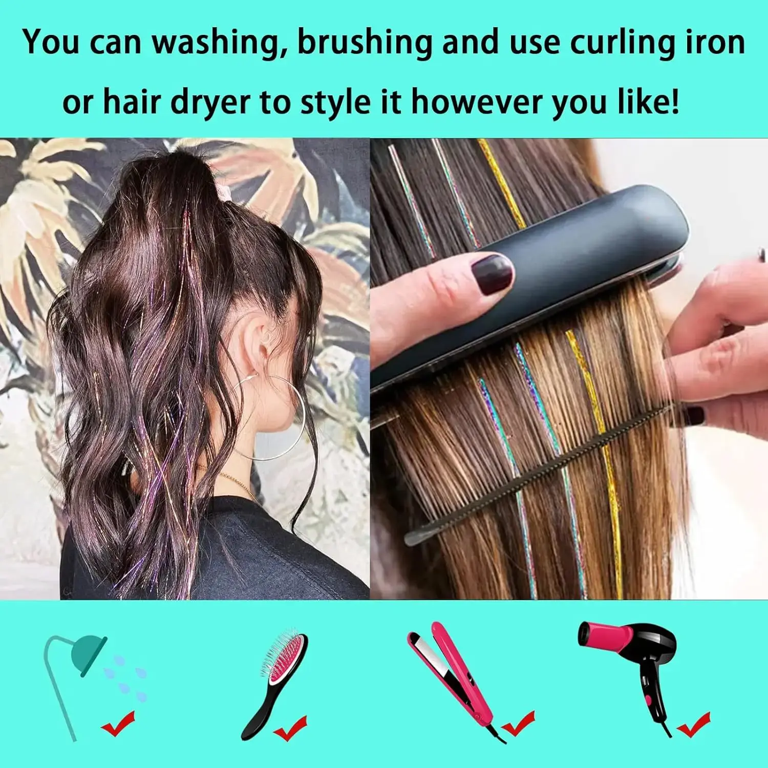 Rental Tinselhair Laser Gold Thread Shiny Metal Wire Rainbow Color Seamless Hair Extensions Asian Synthetic Clip Hair