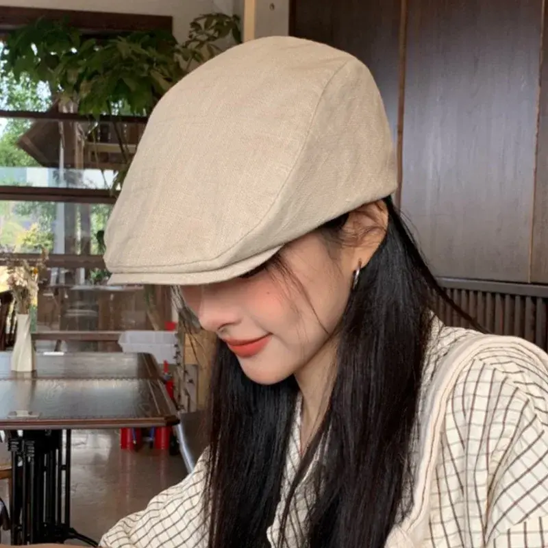 Retro Japanese Style Women's Spring Summer Cotton Linen Beret Hat Reversible Duckbill Painter Cap Simple Versatile Hat