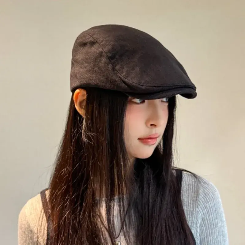 Retro Japanese Style Women's Spring Summer Cotton Linen Beret Hat Reversible Duckbill Painter Cap Simple Versatile Hat