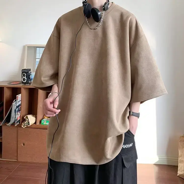 Heavyweight Suede Short Sleeve T-Shirt Men's Oversize Casual Loose Fit Five-Quarter Sleeve Tee Summer Comfortable Male Apparel