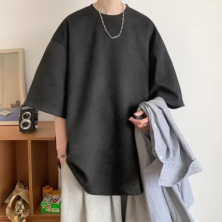 Heavyweight Suede Short Sleeve T-Shirt Men's Oversize Casual Loose Fit Five-Quarter Sleeve Tee Summer Comfortable Male Apparel