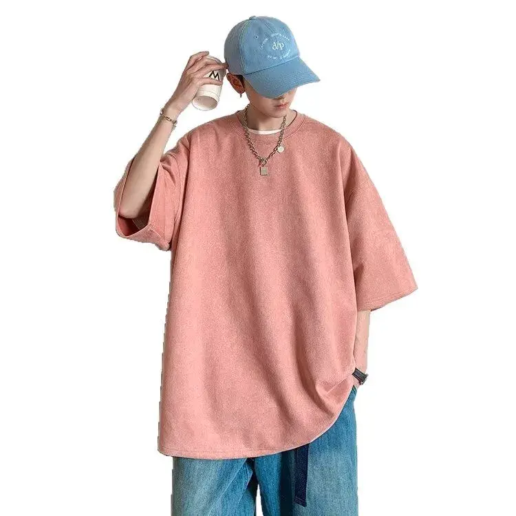 Heavyweight Suede Short Sleeve T-Shirt Men's Oversize Casual Loose Fit Five-Quarter Sleeve Tee Summer Comfortable Male Apparel