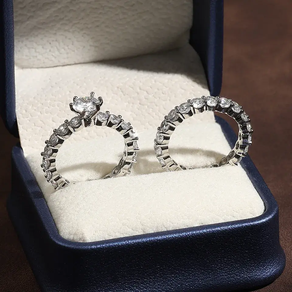 Fashionable European Style Diamond Inlaid White Gold Earrings 2-Piece Set Zirconia Ring Earring Accessory Combo