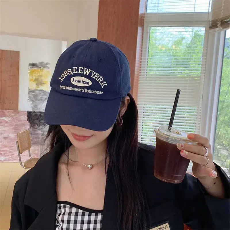 Fashionable Korean Style Baseball Cap Simple Large Grid Embroidery UV Protection Unisex Hat Adjustable Strap Trendy Cap