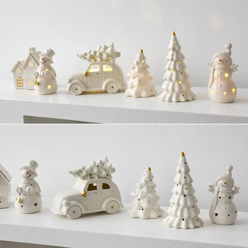 Ceramic Christmas Snowman Mini Car Desktop Home Decoration Scene Props Christmas Gifts Small Porcelain Pendants