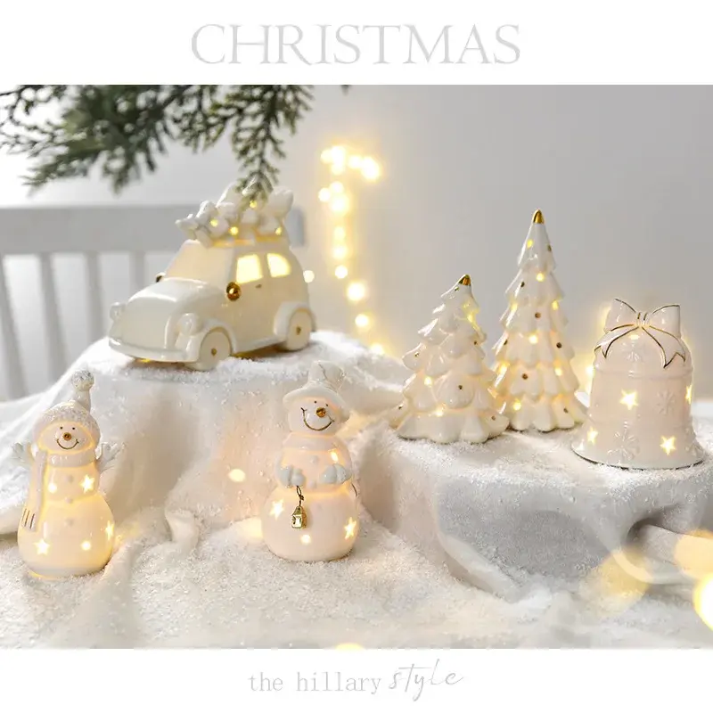 Ceramic Christmas Snowman Mini Car Desktop Home Decoration Scene Props Christmas Gifts Small Porcelain Pendants