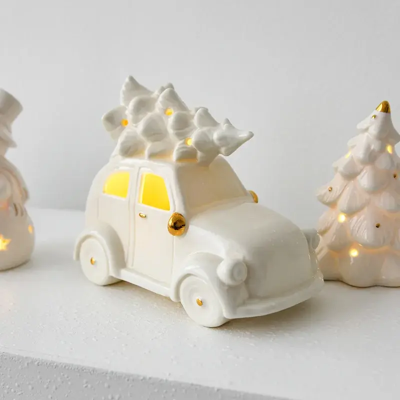 Ceramic Christmas Snowman Mini Car Desktop Home Decoration Scene Props Christmas Gifts Small Porcelain Pendants