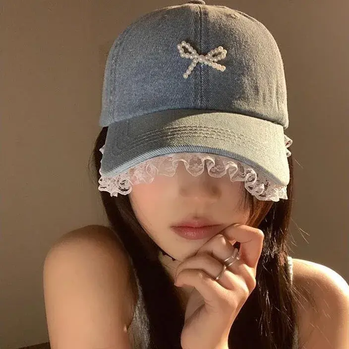Korean Style Lace Trimmed Denim Baseball Cap Women Large Head Size Face Slimming Duckbill Hat 3D Pearl Butterfly Knot Hat