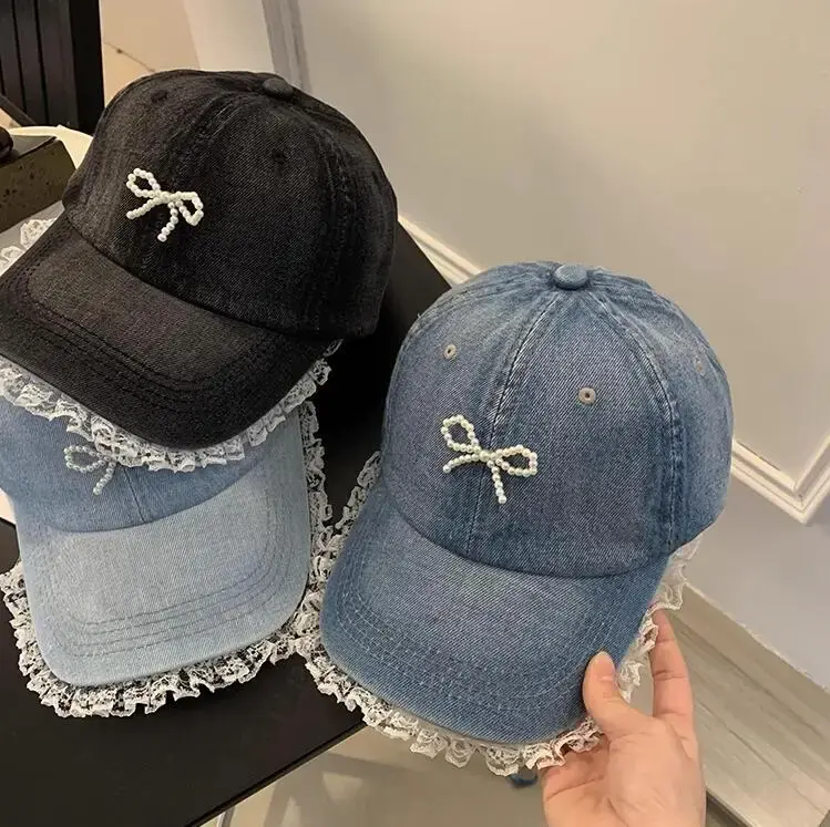 Korean Style Lace Trimmed Denim Baseball Cap Women Large Head Size Face Slimming Duckbill Hat 3D Pearl Butterfly Knot Hat