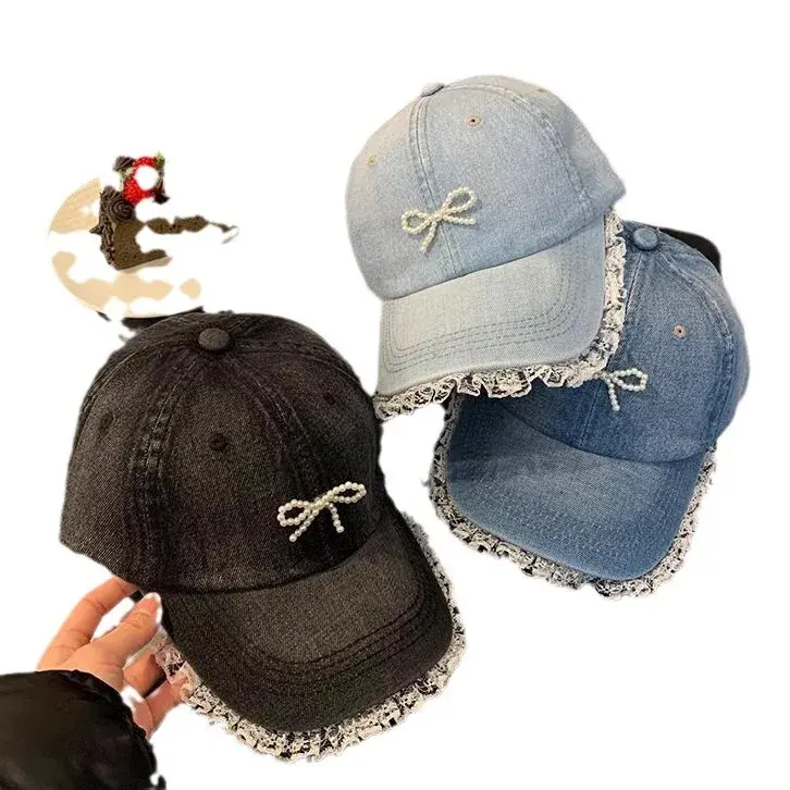 Korean Style Lace Trimmed Denim Baseball Cap Women Large Head Size Face Slimming Duckbill Hat 3D Pearl Butterfly Knot Hat