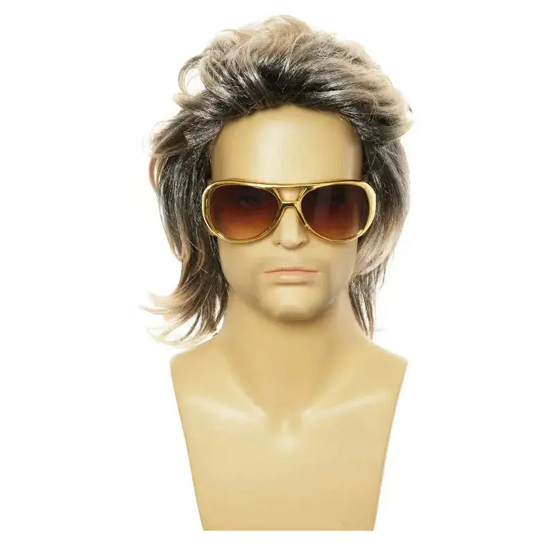 Punk Style Halloween Costume Wig Set for Men Heavy Metal 80s Disco Hip Hop Rock Themed Party Accessory Male Fake Hair