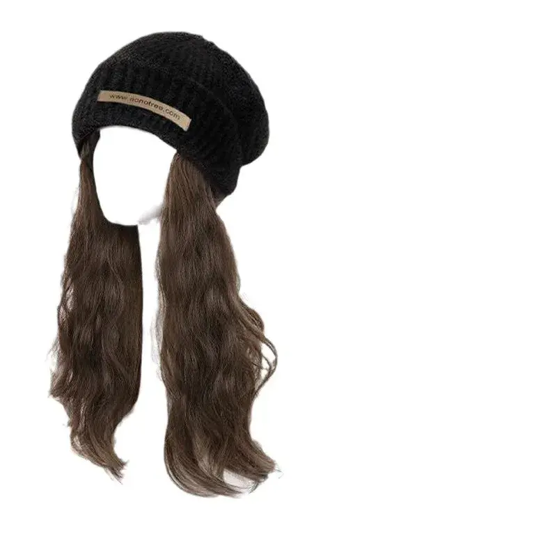 Lazy Plush Hat Wig Integrated Natural Full Head Cover Autumn Winter New Style Women's Long Hair Fake Hair Wig Hat