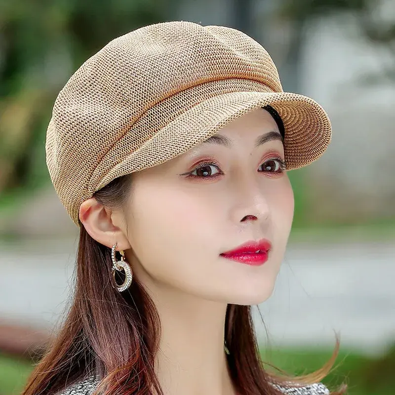 Women's Summer Breathable Beret Hat Spring Outing Sun Protection Fashionable British Style Duckbill Cap Lace Net Hat