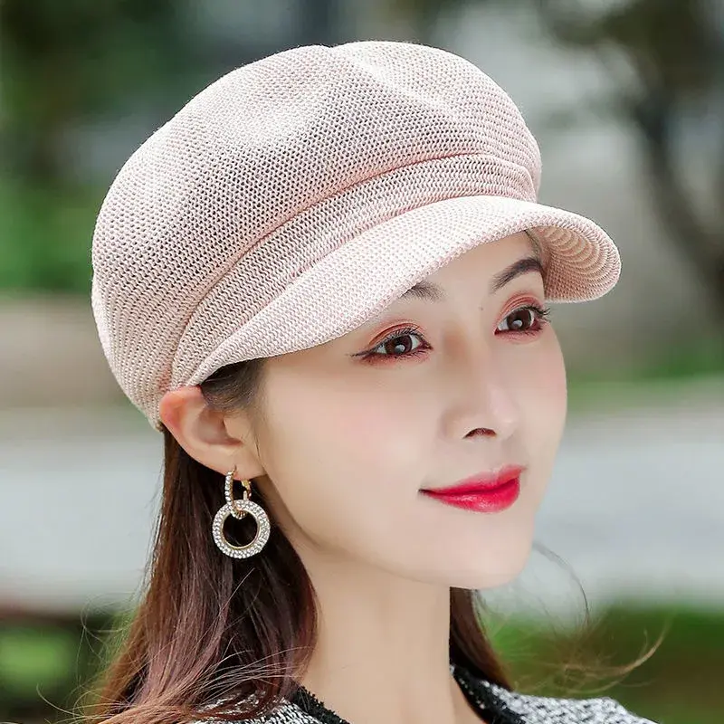 Women's Summer Breathable Beret Hat Spring Outing Sun Protection Fashionable British Style Duckbill Cap Lace Net Hat