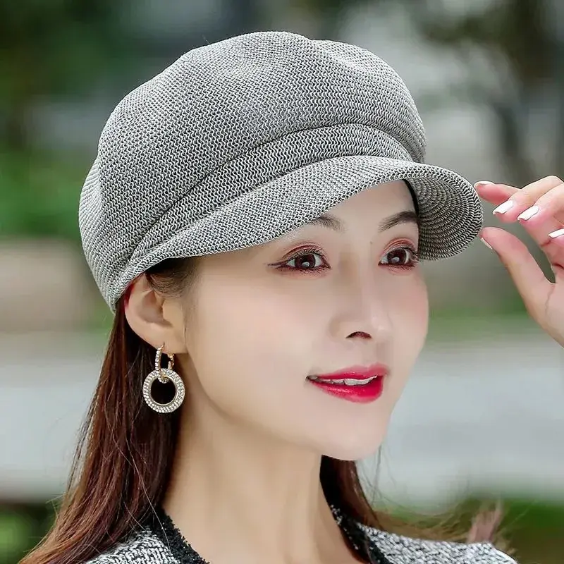 Women's Summer Breathable Beret Hat Spring Outing Sun Protection Fashionable British Style Duckbill Cap Lace Net Hat